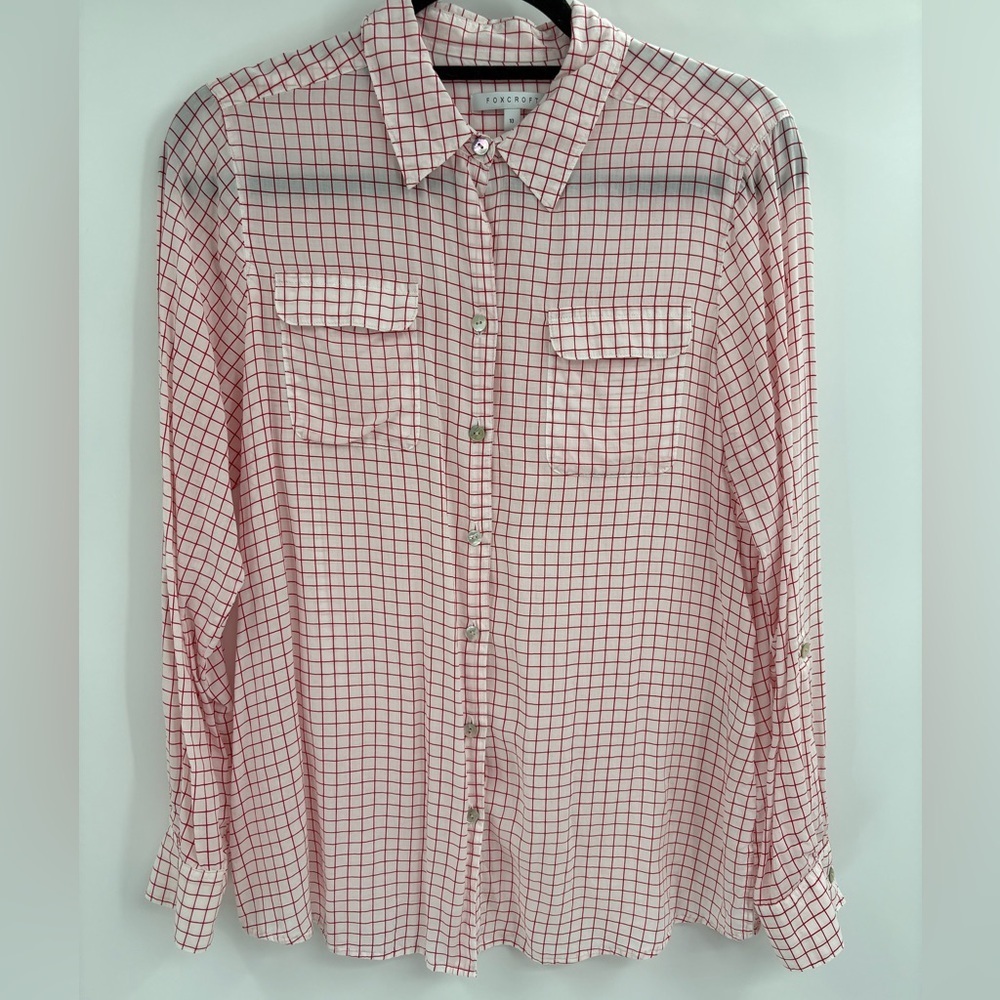 Foxcroft Women’s Blouse White Red Tencel Rolled Sleeve Gingham Button Up Size 10